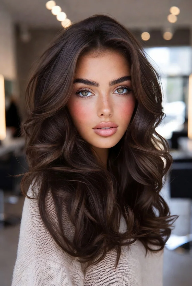 Rich chocolate brown hair color with soft waves.
