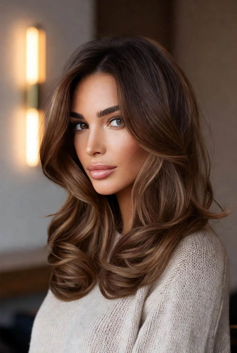 Golden brown hair with warm highlights.