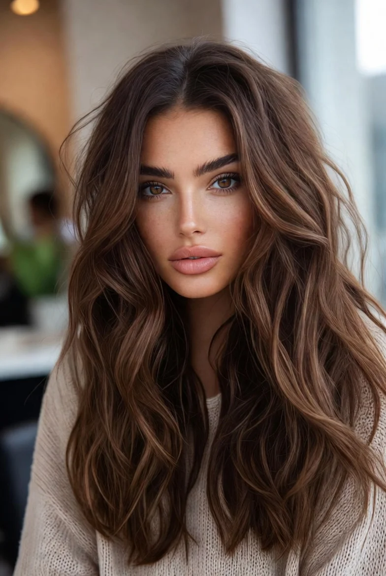 Hazel brown hair with dimensional waves.