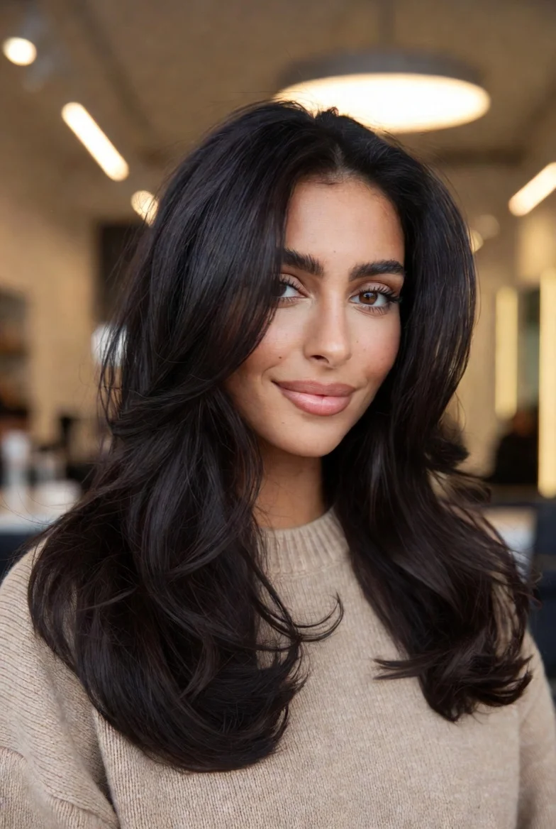 Dark cocoa brown glossy hairstyle.