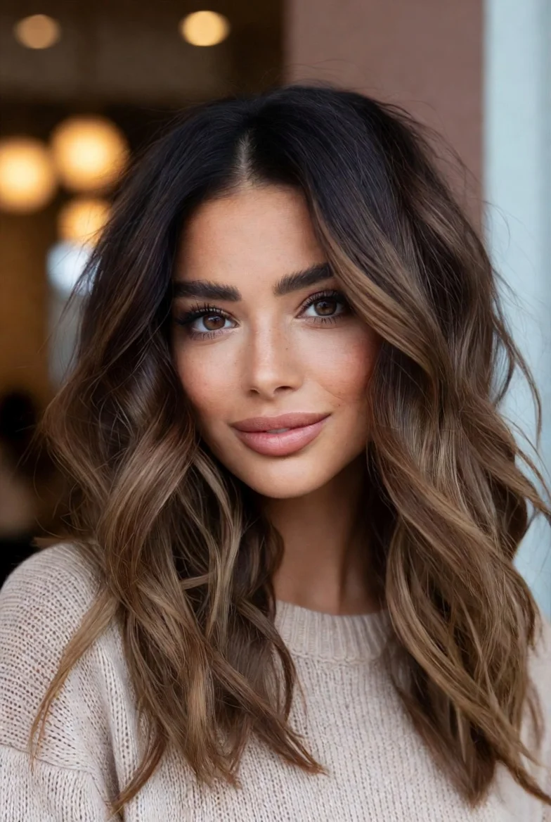 Rooted brunette balayage with soft waves.