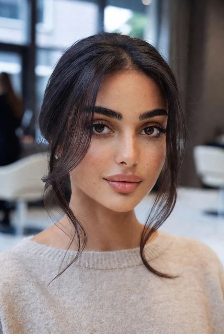 Soft black brown sleek hairstyle.