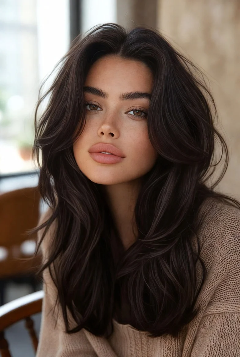 Cool dark brown hair with layered waves