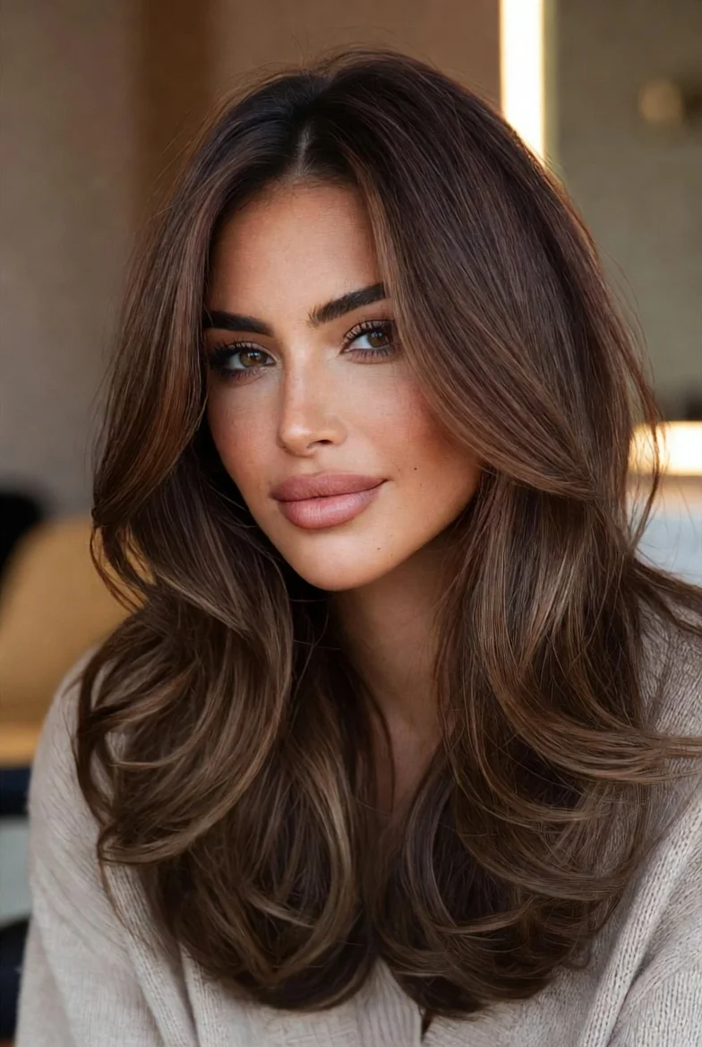 Mocha brown hair with dimensional highlights