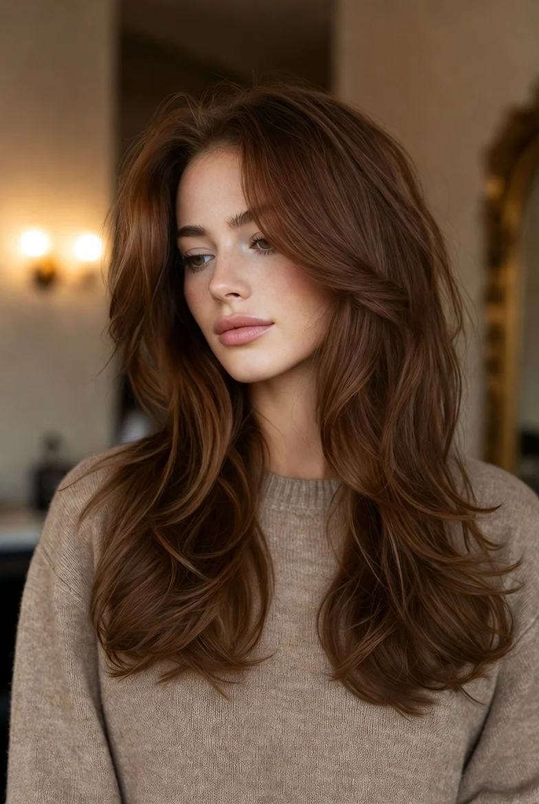Cinnamon brown hair with layered waves.