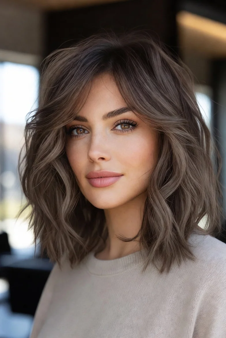 Mushroom brown hair with cool smoky tones.