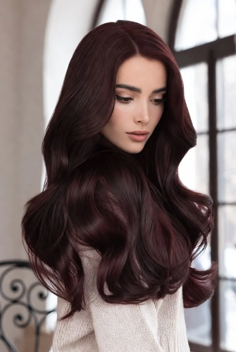 Dark auburn brown hair with loose waves